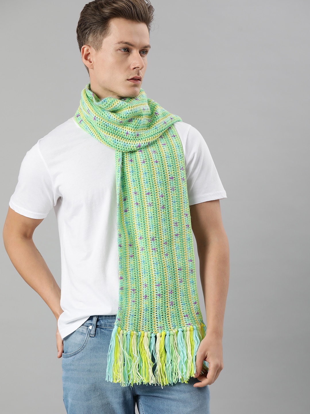 

Magic Needles Unisex Green & Purple Knitted Scarf with Tassels