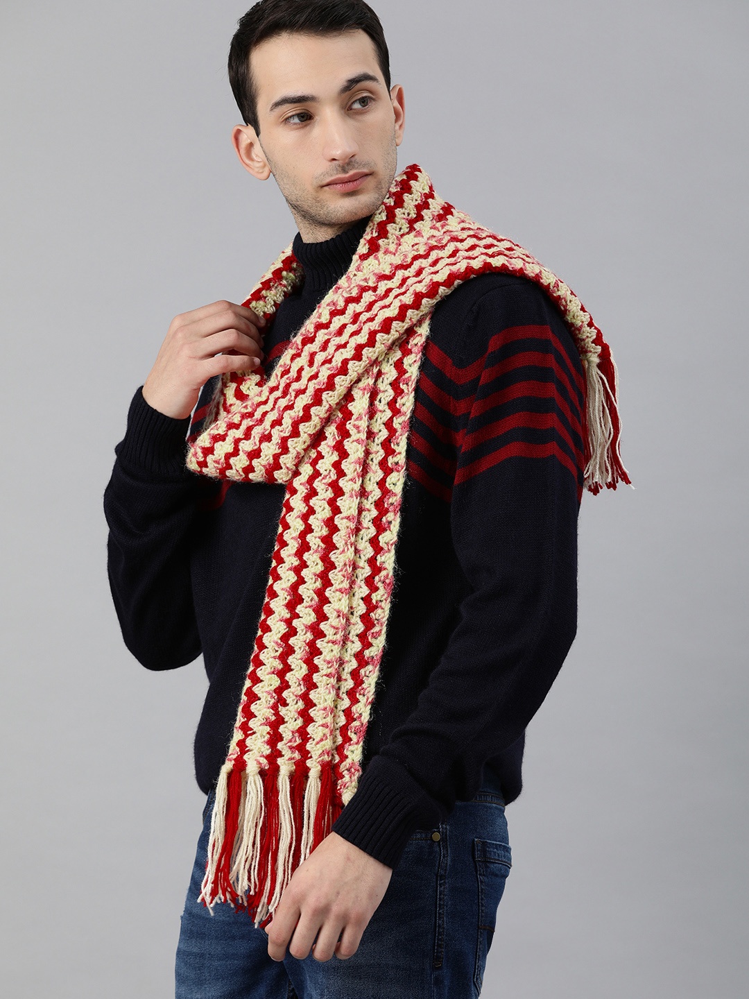 

Magic Needles Unisex Red & Off White Knitted Scarf