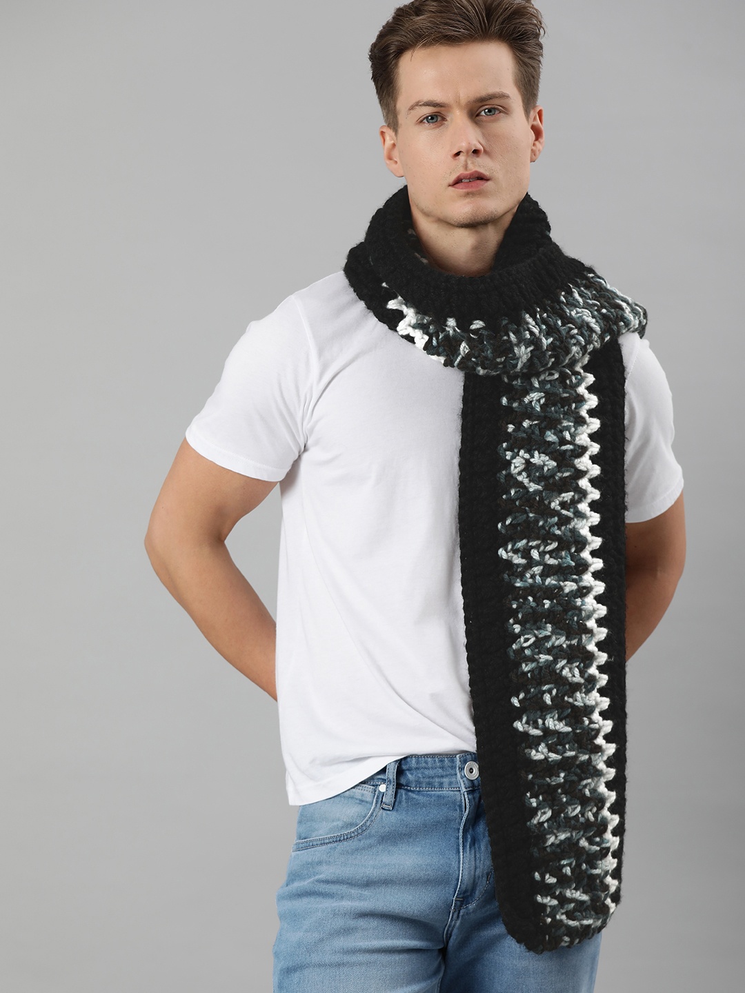

Magic Needles Unisex Black & White Self Design Knitted Scarf