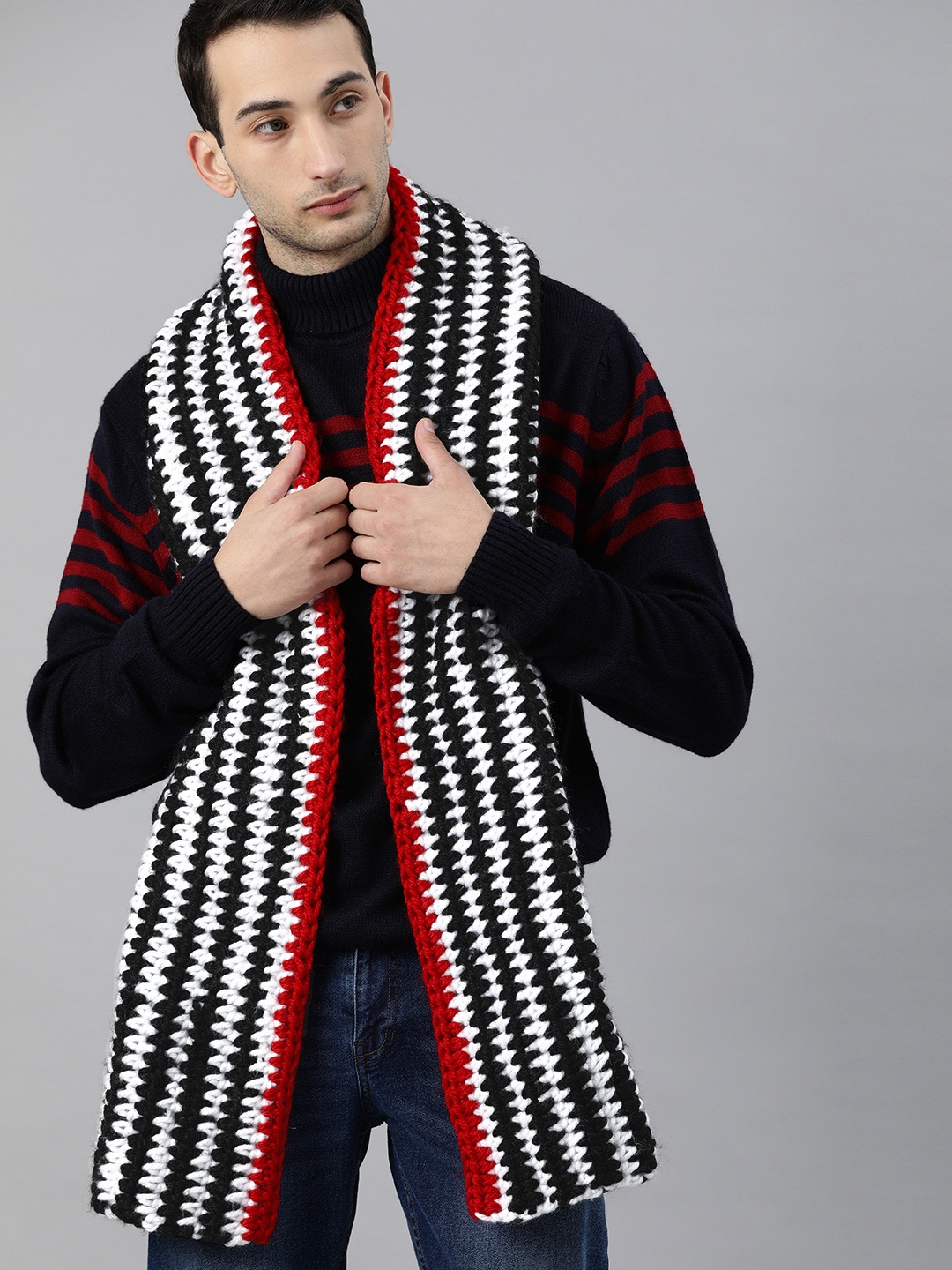 

Magic Needles Unisex Black & White Self Striped Knitted Scarf, Grey