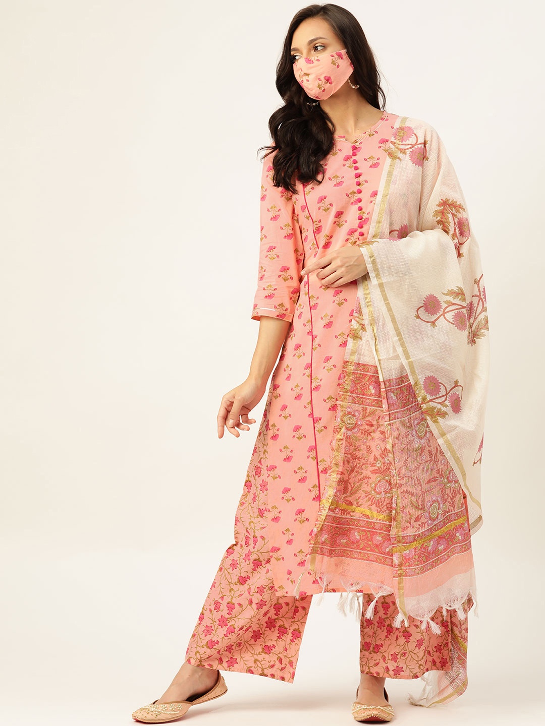 

Maaesa Women Pink Ethnic Motifs Printed Panelled Pure Cotton Kurta with Trousers & With Dupatta