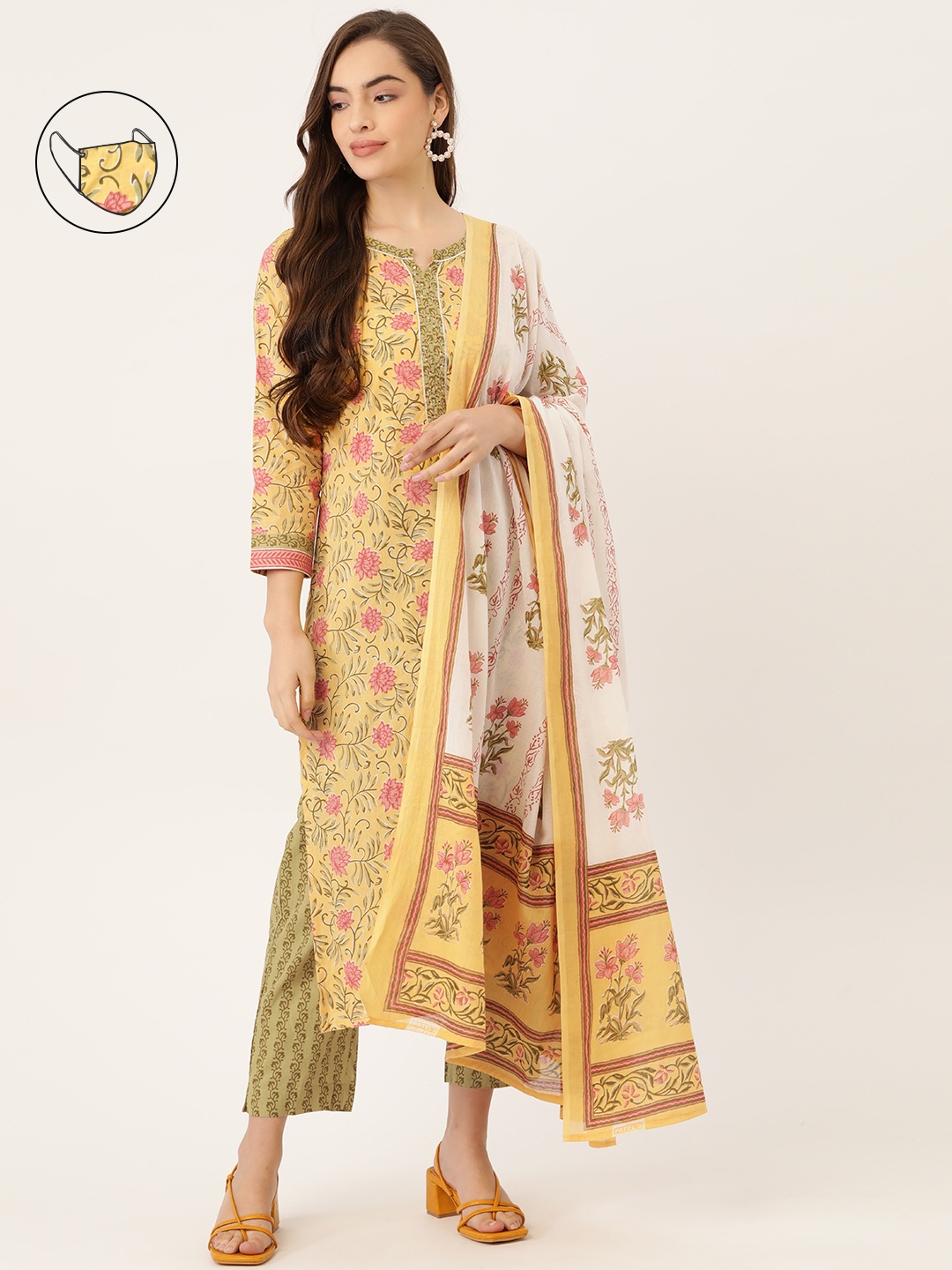 

Maaesa Women Yellow Ethnic Motifs Printed Gotta Patti Pure Cotton Kurta Set & Mask
