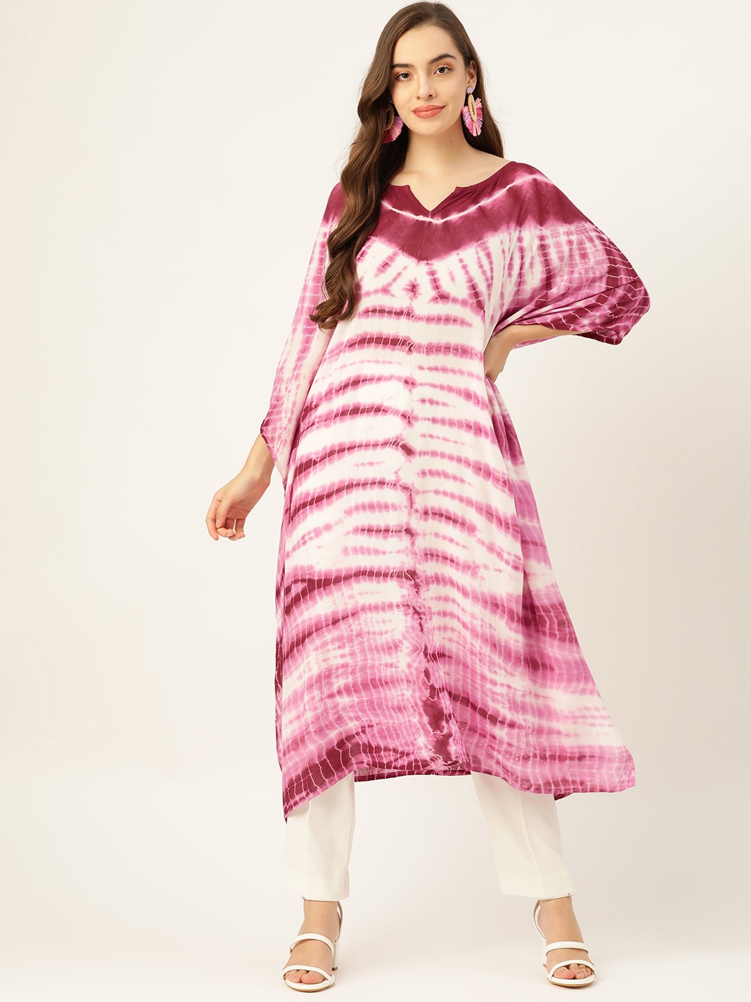 

Maaesa Women Pink & White Tie & Dye Crepe Kaftan Kurta