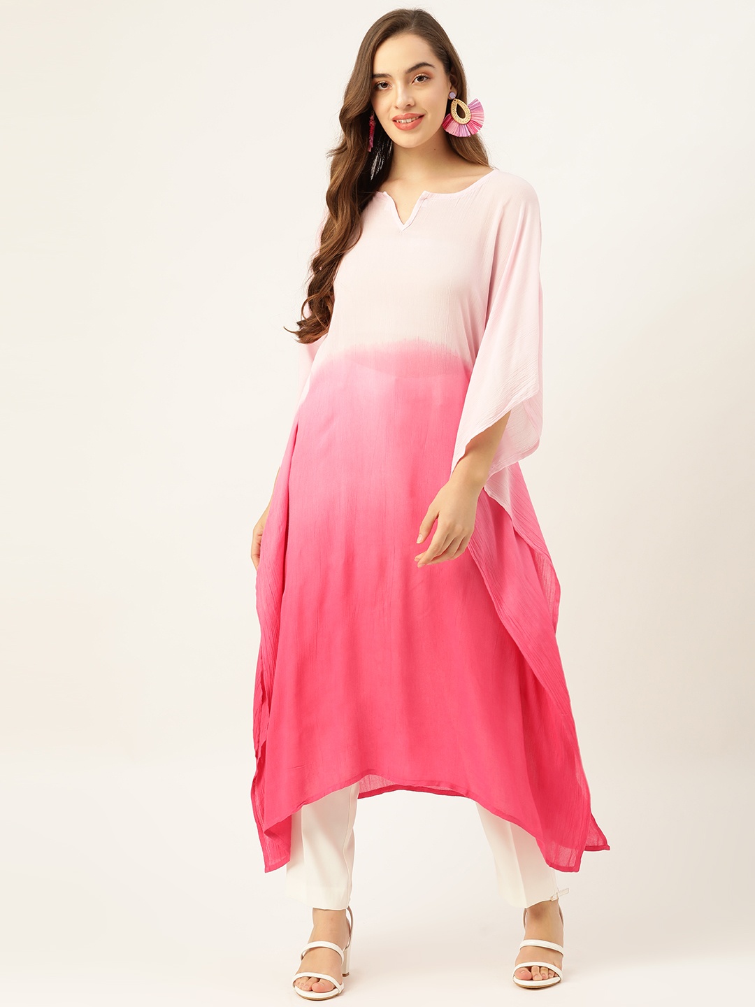 

Maaesa Women Pink & White Ombre Tie-Dye Crepe Kaftan Kurta