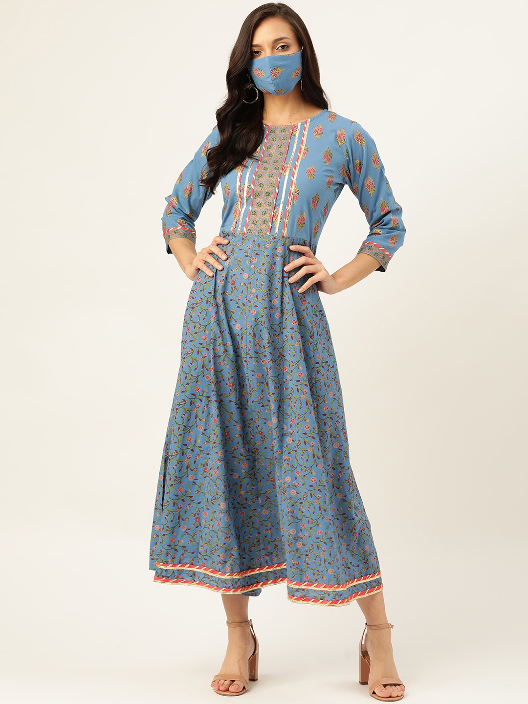 

Maaesa Blue & Orange Ethnic Motifs Formal Maxi Dress