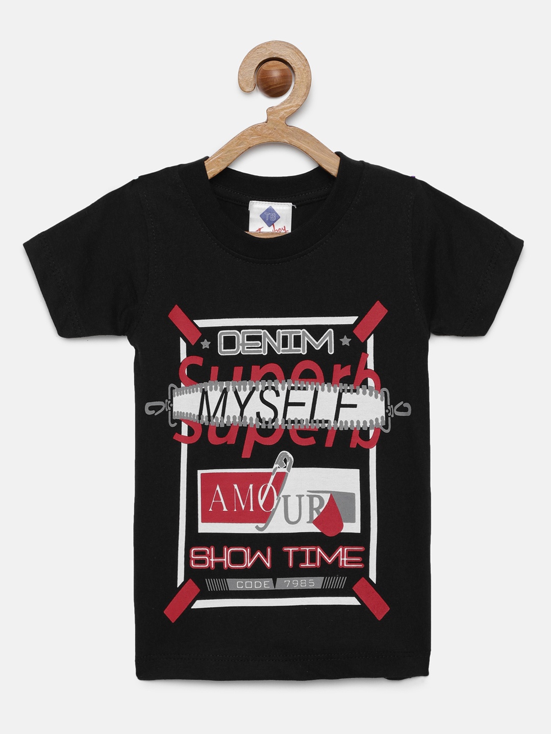 

TONYBOY Boys Black Typography Printed Pure Cotton T-shirt