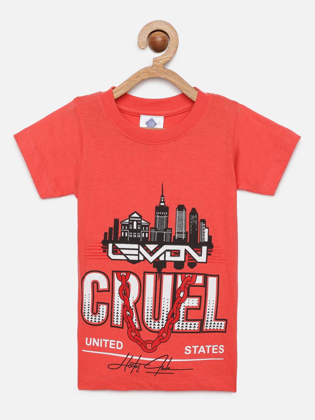 

TONYBOY Boys Coral Orange Printed Pure Cotton T-shirt