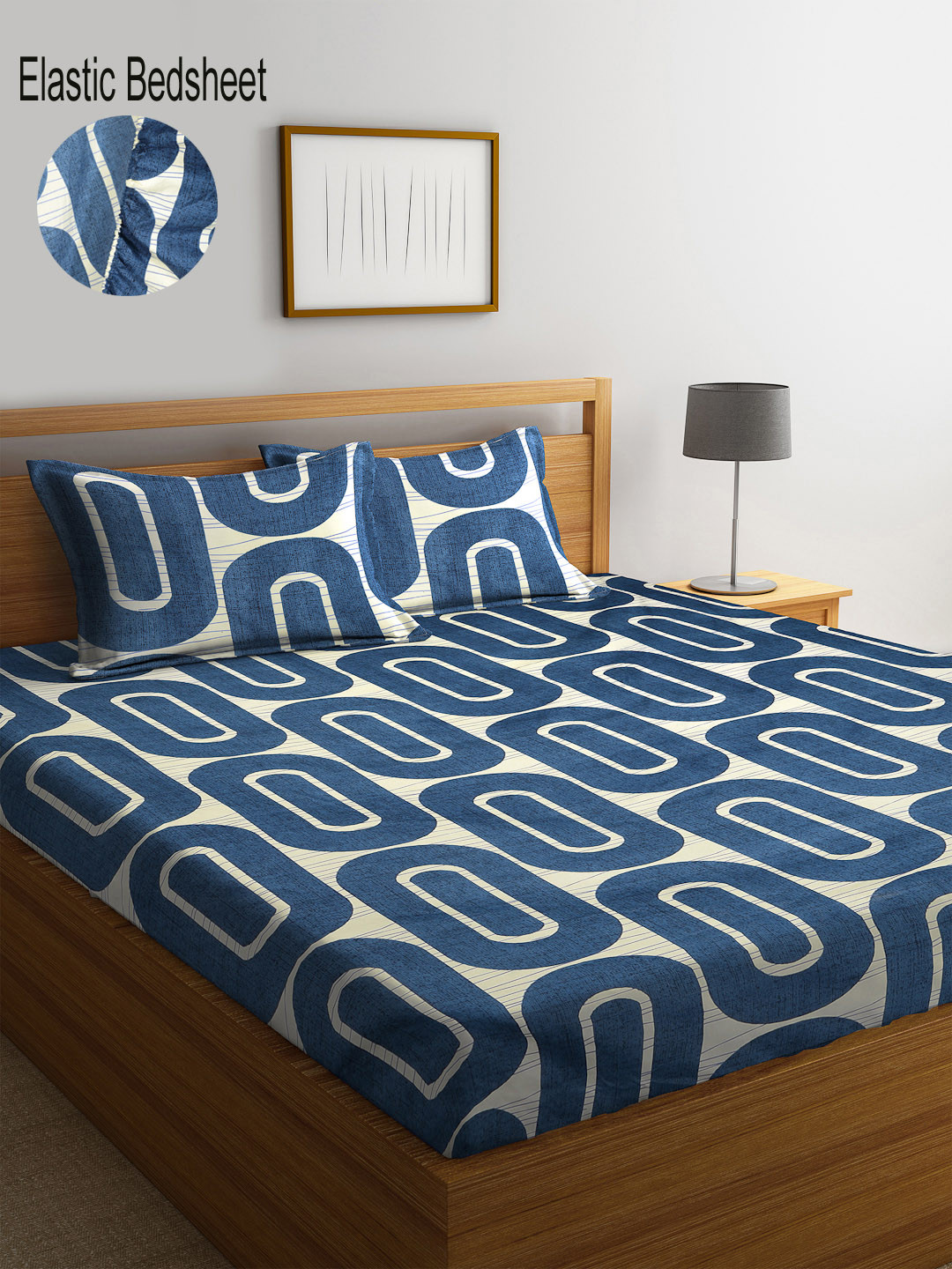 

KLOTTHE Blue & White Geometric 300 TC Fitted Double Bedsheet with 2 Pillow Covers