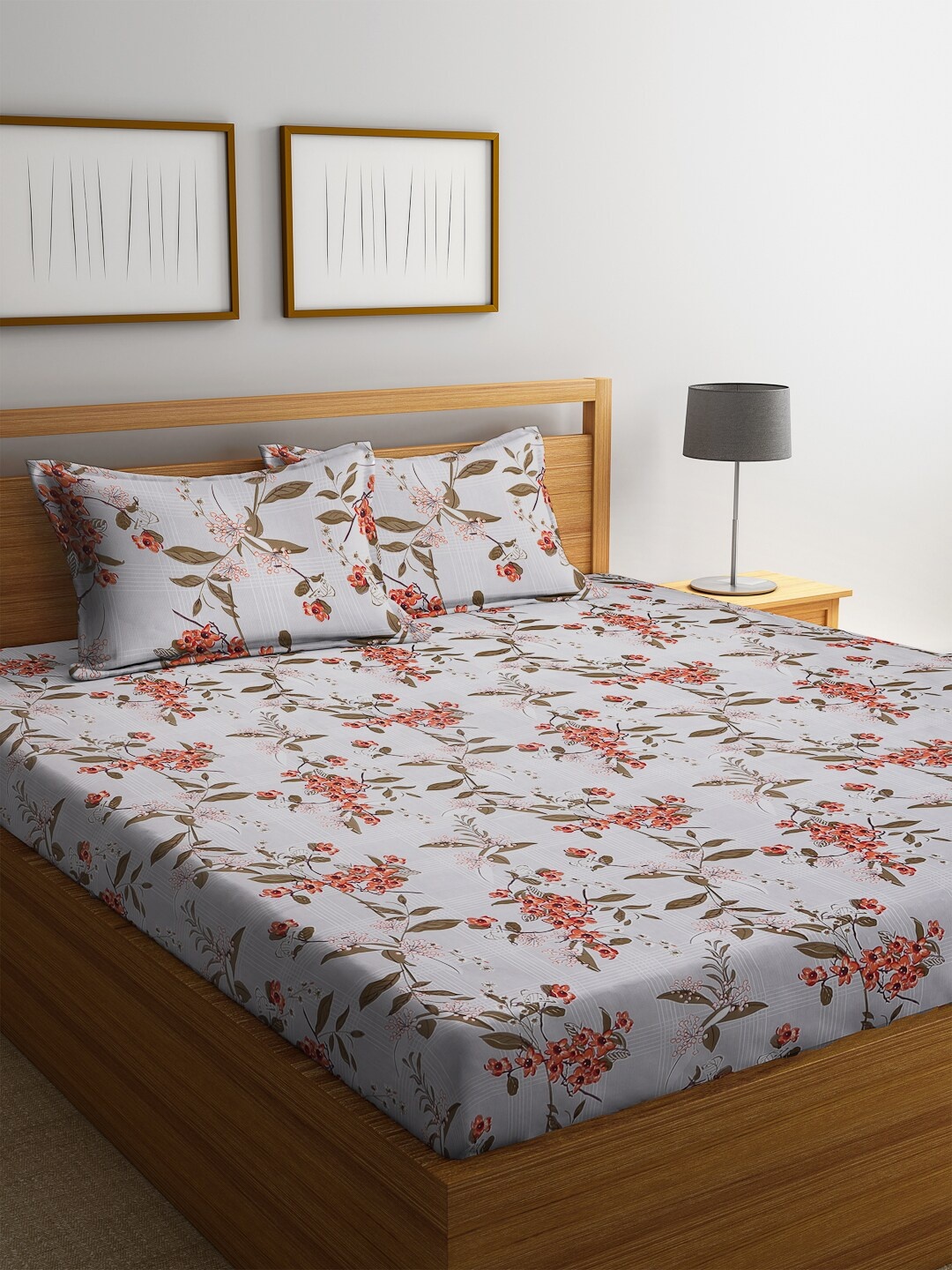 

KLOTTHE Grey & Orange Floral 210 TC Polycotton 1 King Bedsheet with 2 Pillow Covers