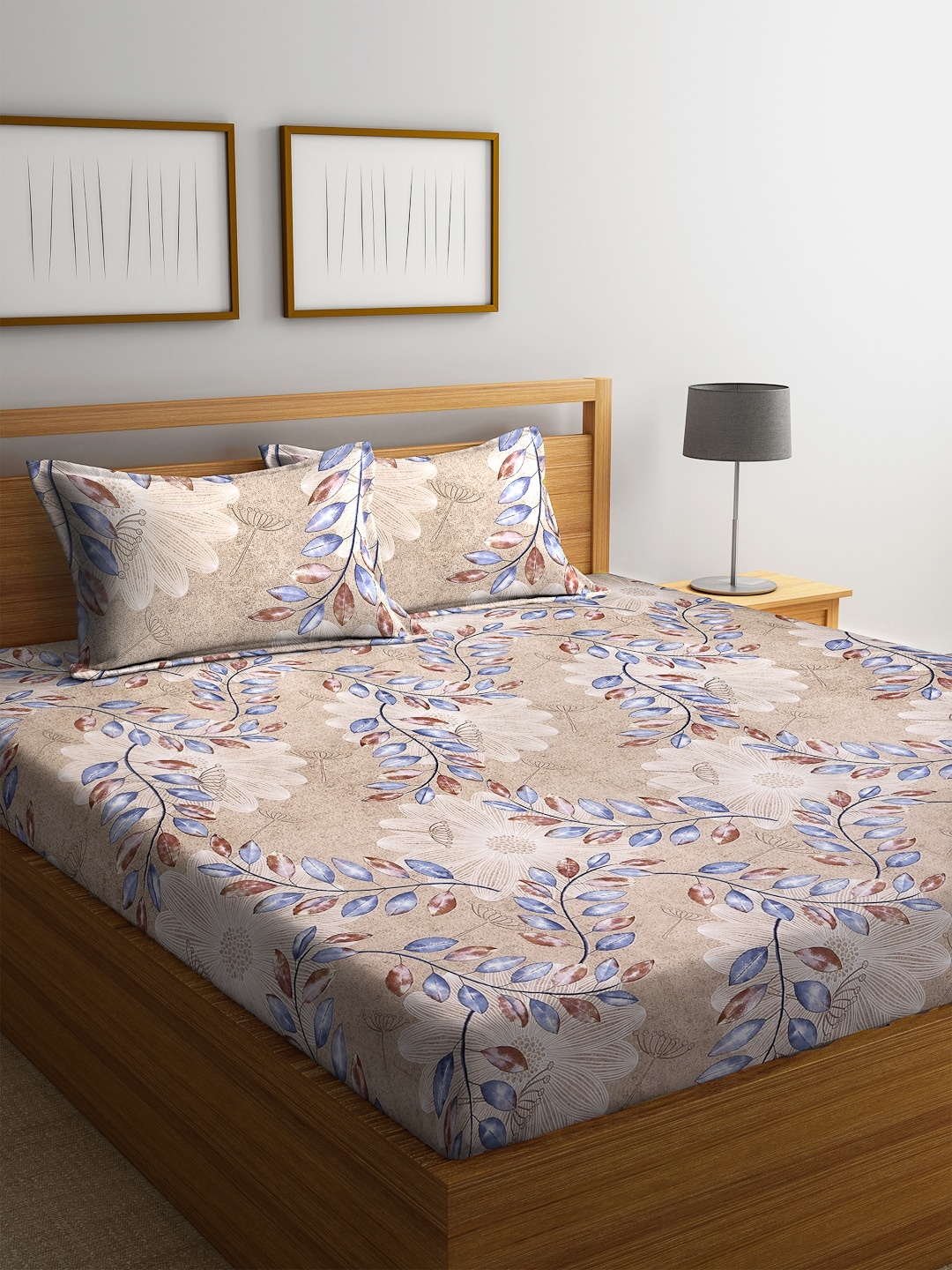 

KLOTTHE Beige & Blue Floral 1 Super King Double Bedsheet with 2 Pillow Covers 300 TC