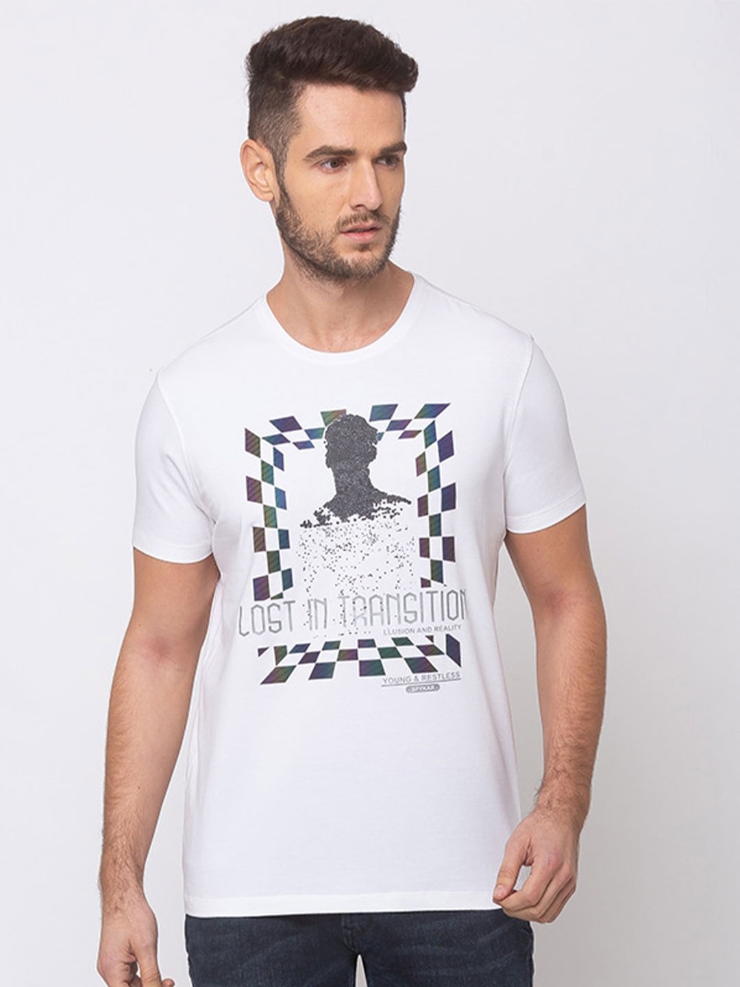 

SPYKAR Men White Printed Round Neck T-shirt