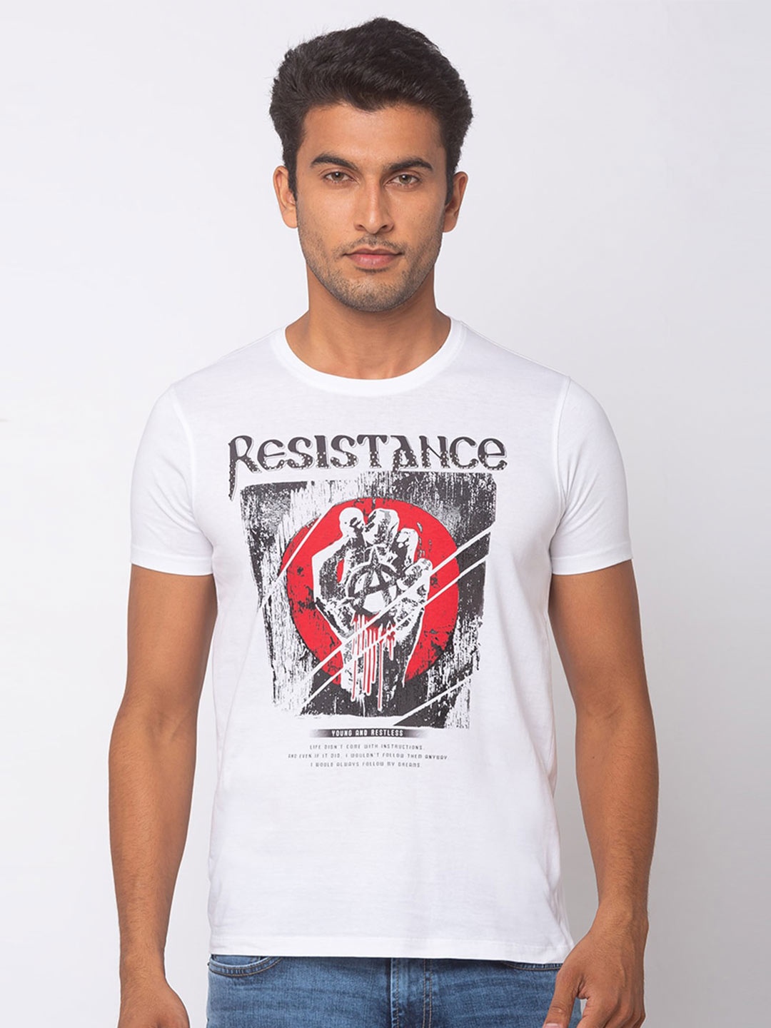 

SPYKAR Men White Printed Cotton Round Neck Cotton T-shirt