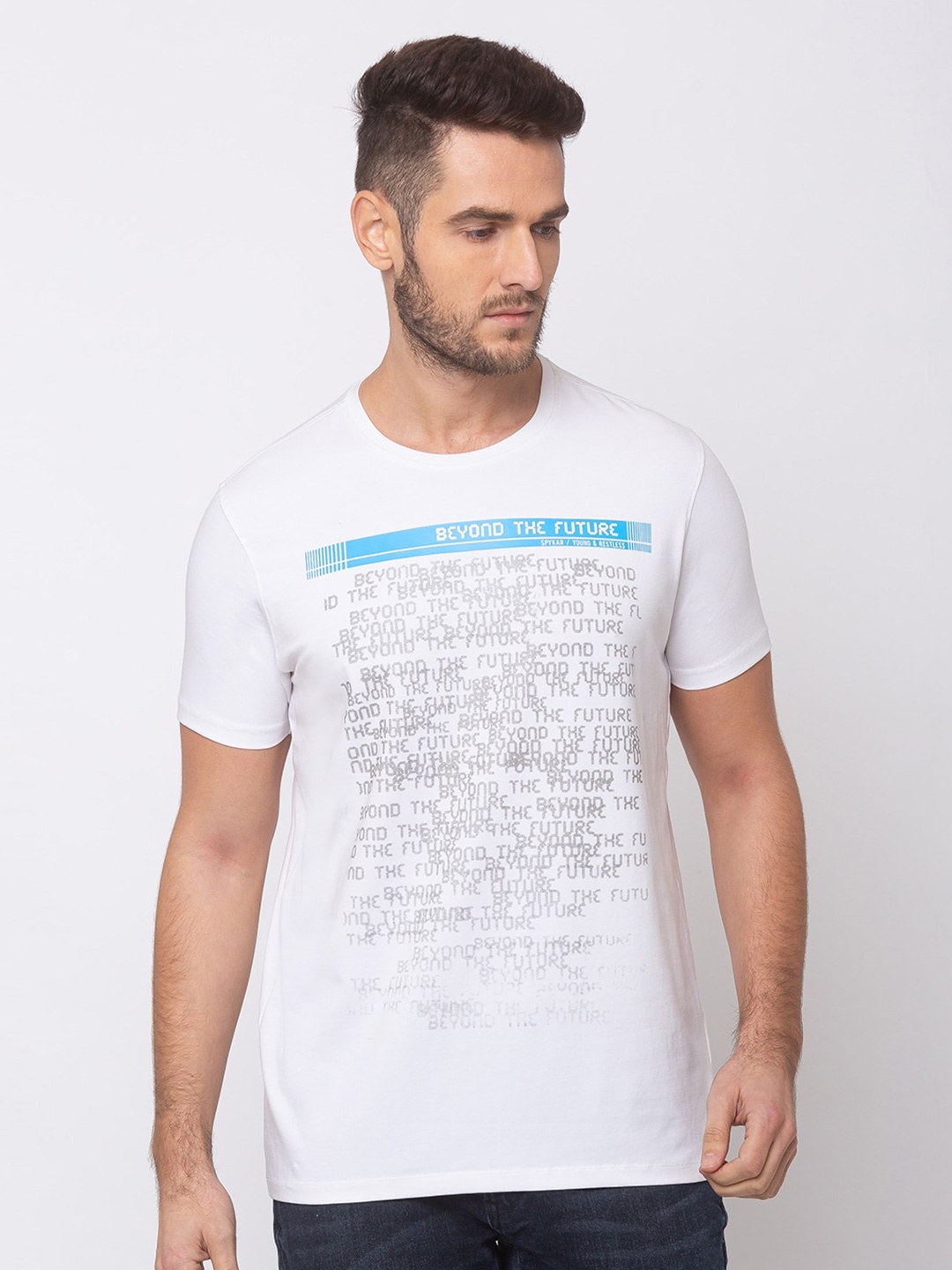 

SPYKAR Men White Printed Round Neck T-shirt