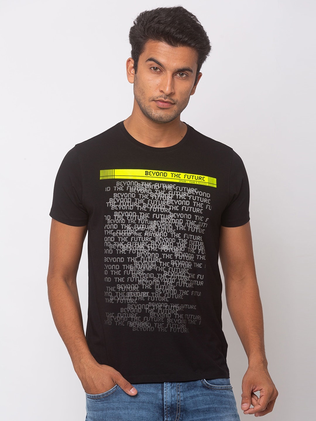 

SPYKAR Men Black Printed Round Neck Cotton T-shirt