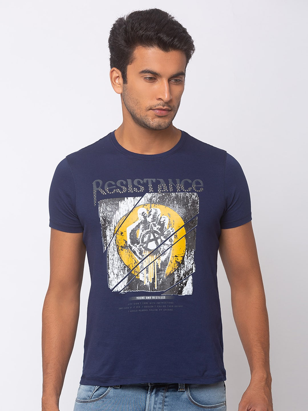 

SPYKAR Men Blue Printed Round Neck T-shirt