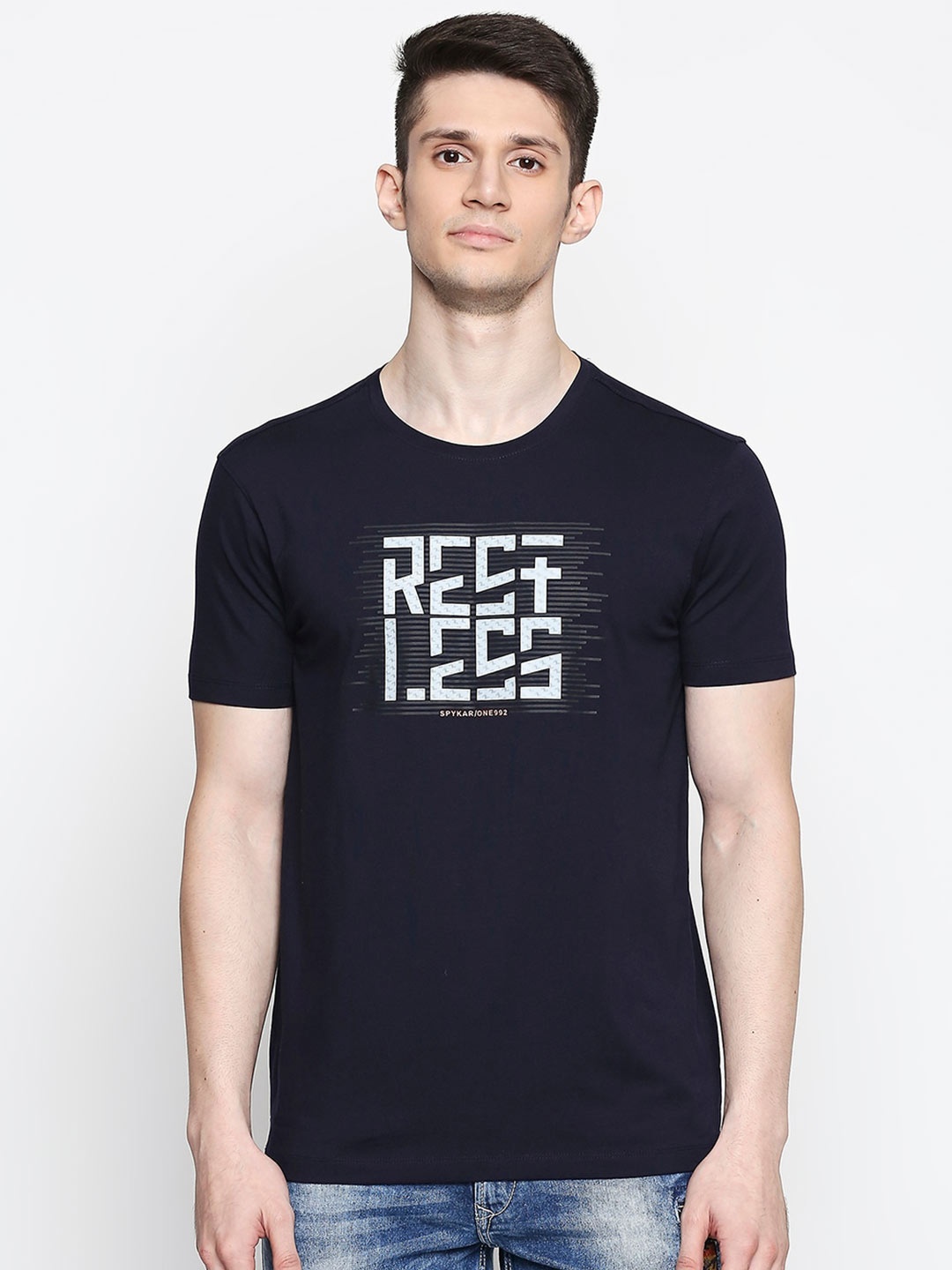 

SPYKAR Men Navy Blue Printed Round Neck Cotton T-shirt