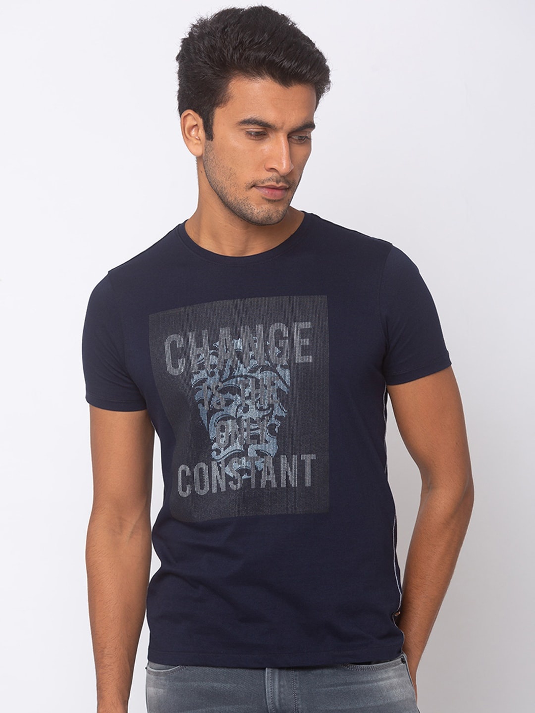 

SPYKAR Men Blue Printed Round Neck Cotton T-shirt