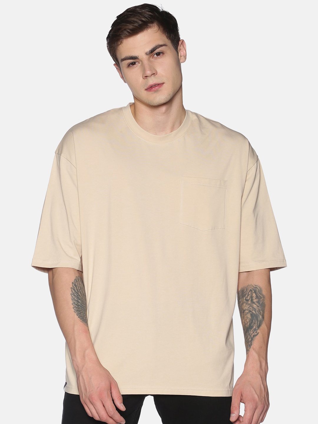 

UrGear Men Beige Solid Round Neck Pure Cotton Oversized Pure Cotton T-shirt