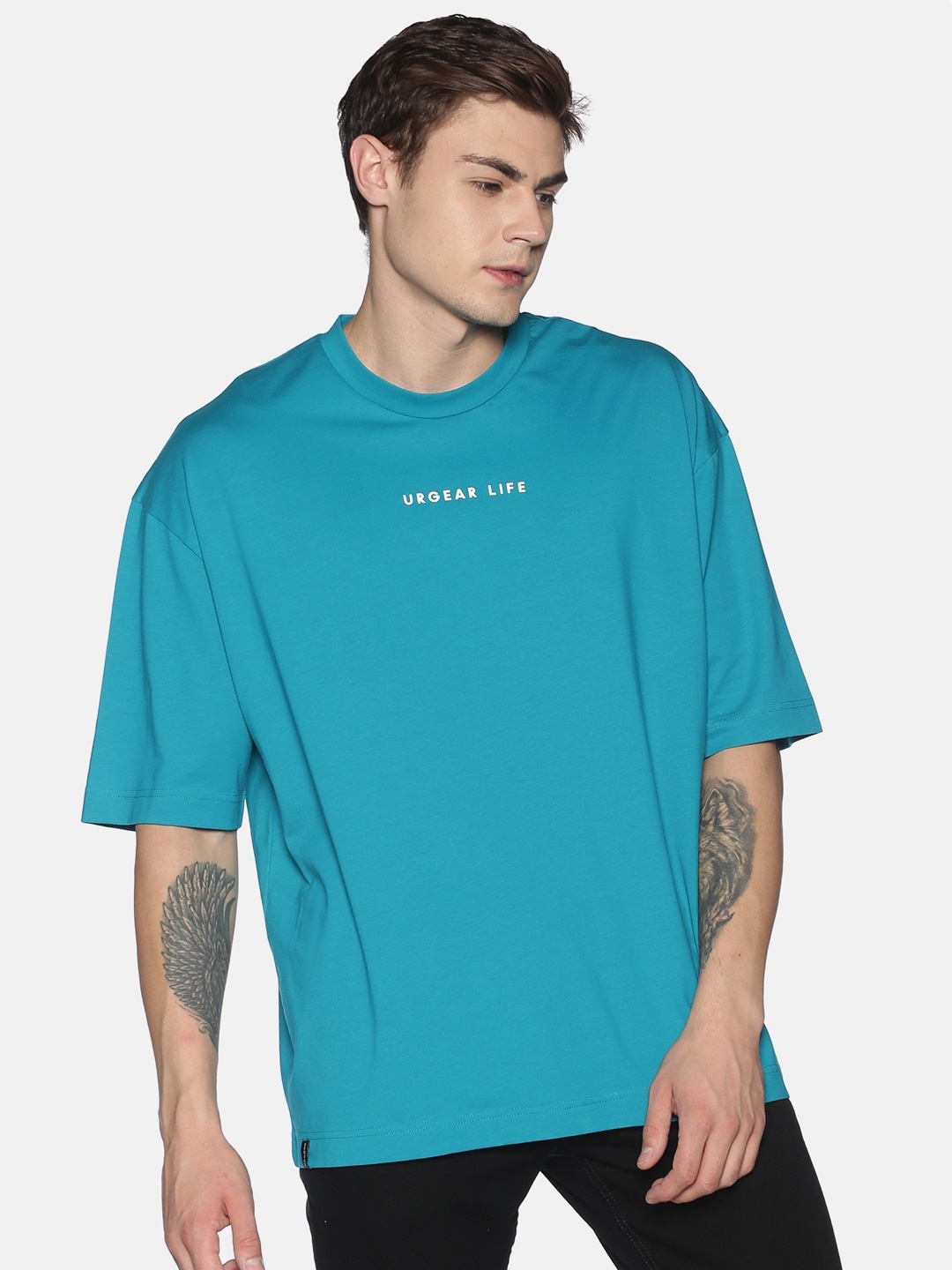 

UrGear Men Turquoise Blue Printed Round Neck Oversized T-shirt