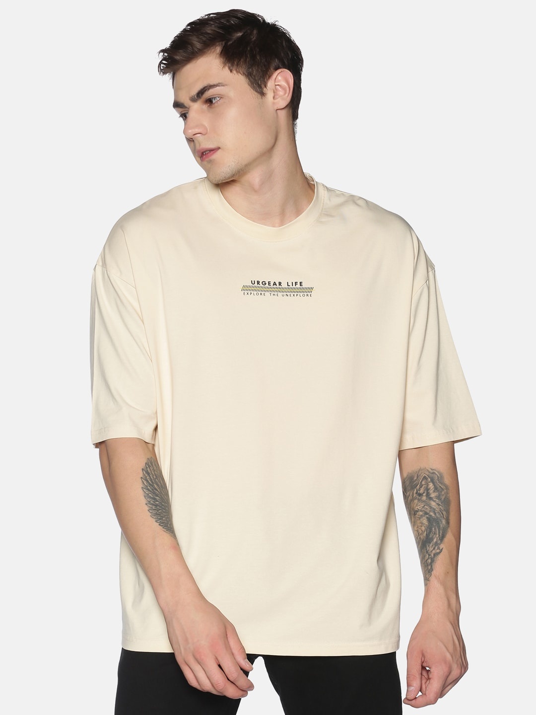 

UrGear Men Off-White Solid Round Neck Pure Cotton Oversized Pure Cotton T-shirt