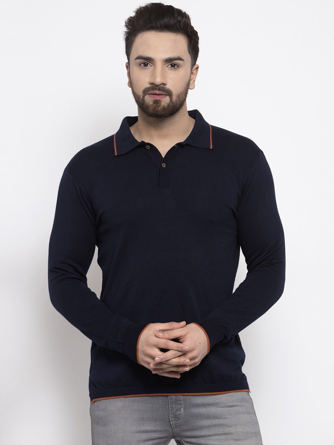 

Kalt Men Navy Blue Solid Polo Collar T-shirt