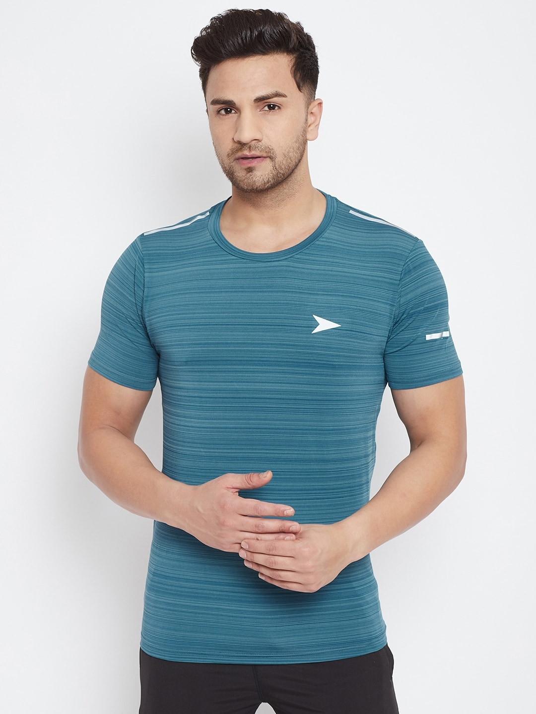 

Sportigoo Men Teal Blue Striped Round Neck Training T-shirt