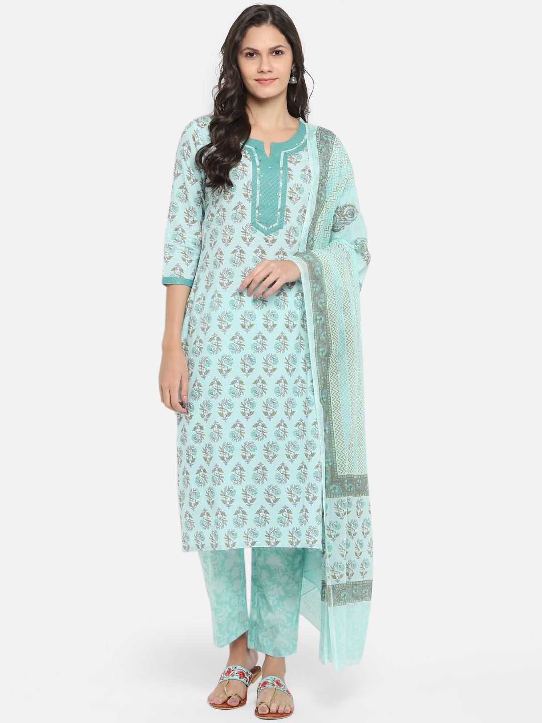 

Vbuyz Women Turquoise Blue Printed Kurta with Trousers & Dupatta