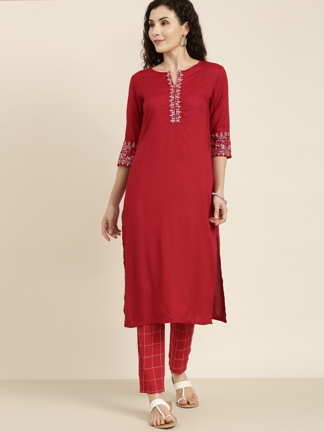 

Vishudh Women Red & White Yoke Design Kurta with Trousers