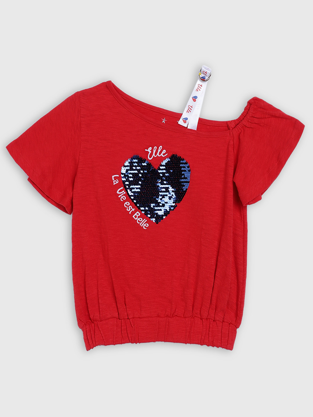 

ELLE Red Embellished One Shoulder Flared Sleeves Pure Cotton Regular Top