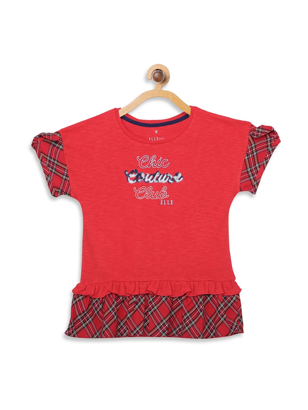 

ELLE Girls Red Self Design Round Neck T-shirt