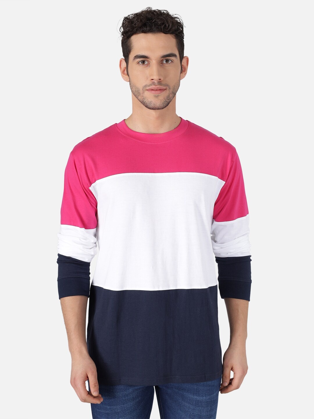 

The Dry State Men White Pink & Navy Blue Colourblocked Pure Cotton Round Neck T-shirt