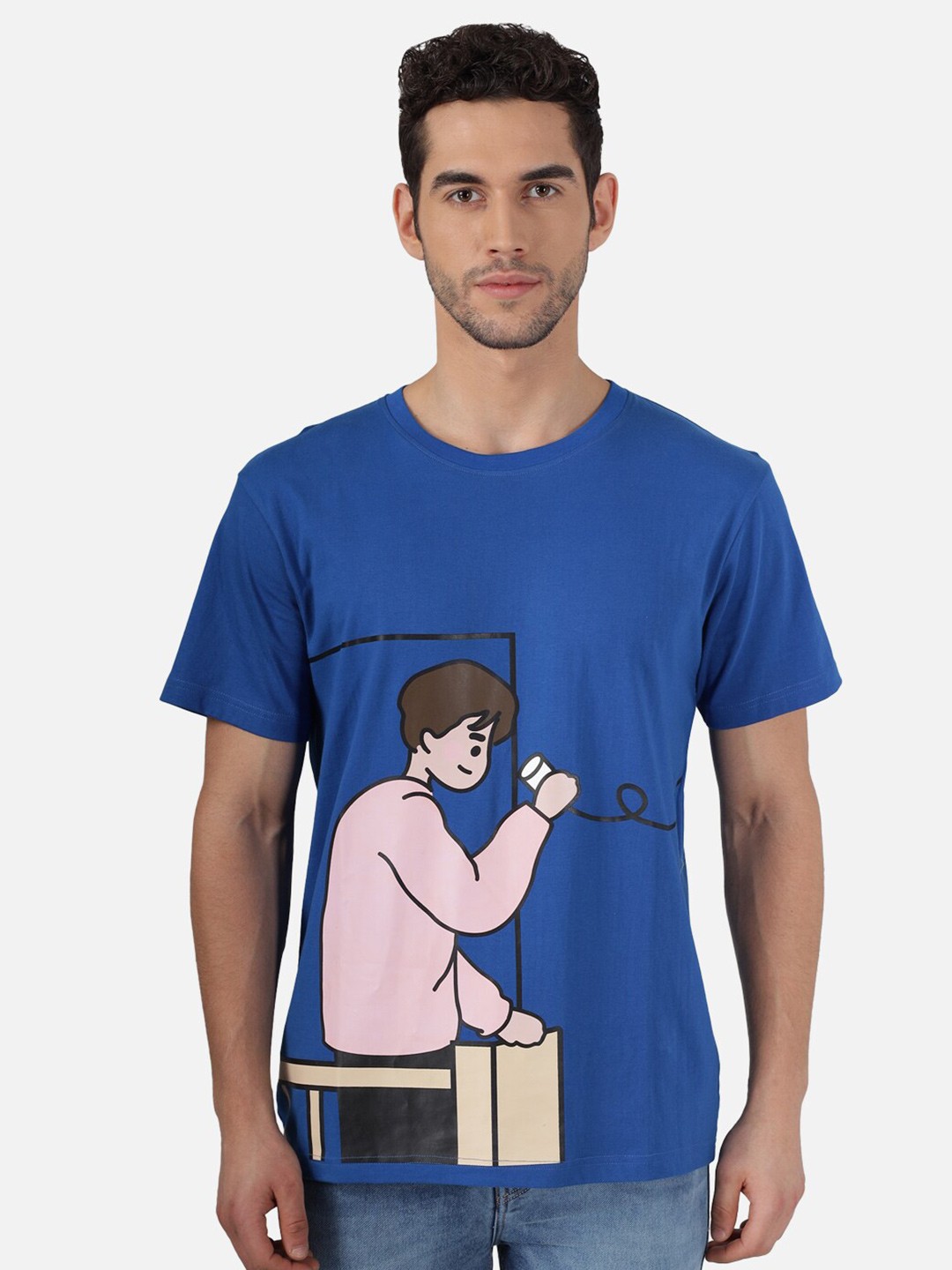 

The Dry State Men Blue Printed Pure Cotton Round Neck T-shirt