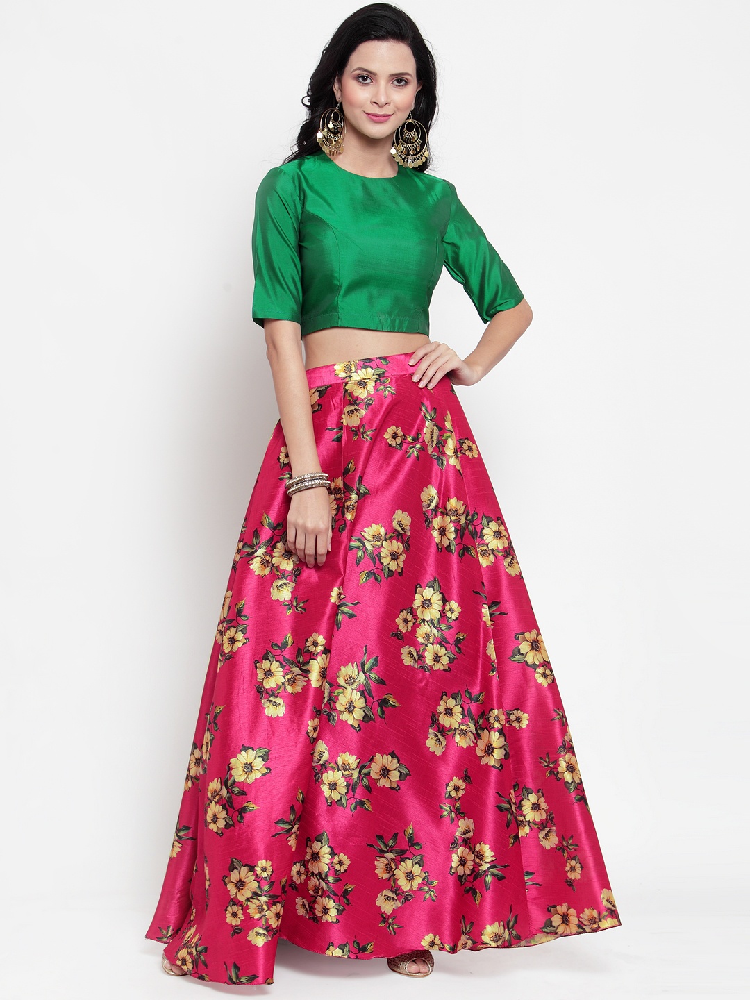 

Get Glamr Green & Pink Solid Ready to Wear Lehenga & Blouse