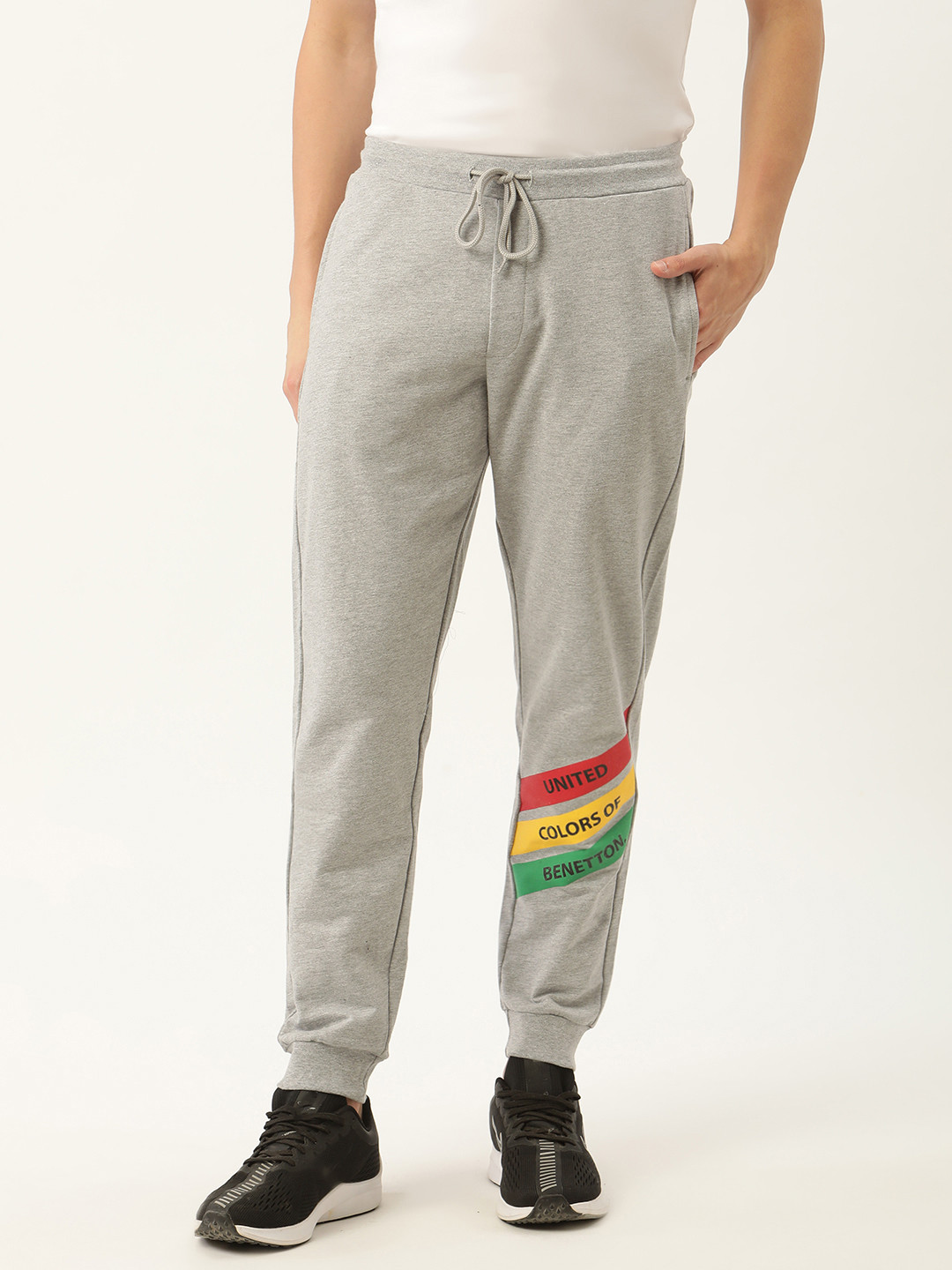 

United Colors of Benetton Men Grey Melange Brand Logo Print Detail Joggers