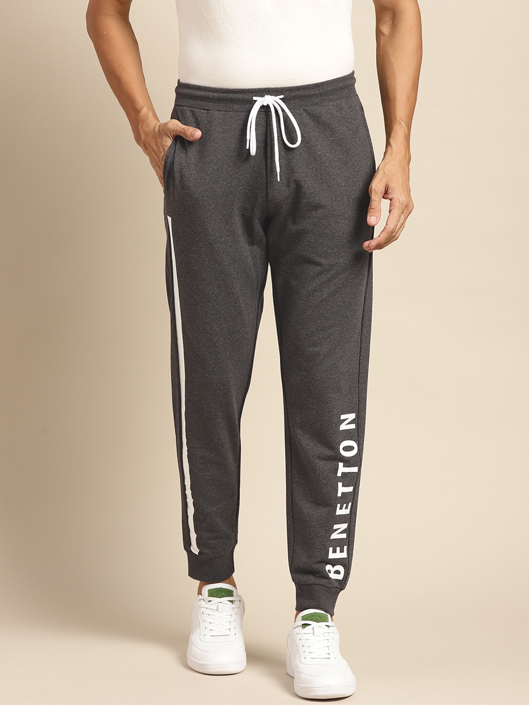 

United Colors of Benetton Men Charcoal Grey Solid Jggers With Printed Detail