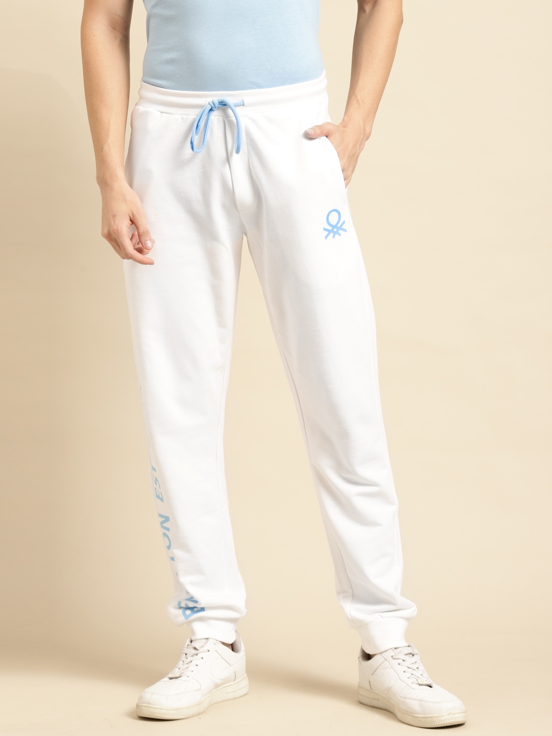 

United Colors of Benetton Men White Brand Logo Print Pure Cotton Joggers