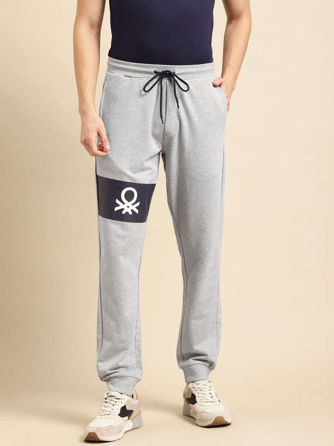 

United Colors of Benetton Women Grey Melange Pure Cotton Brand Logo Detail Joggers