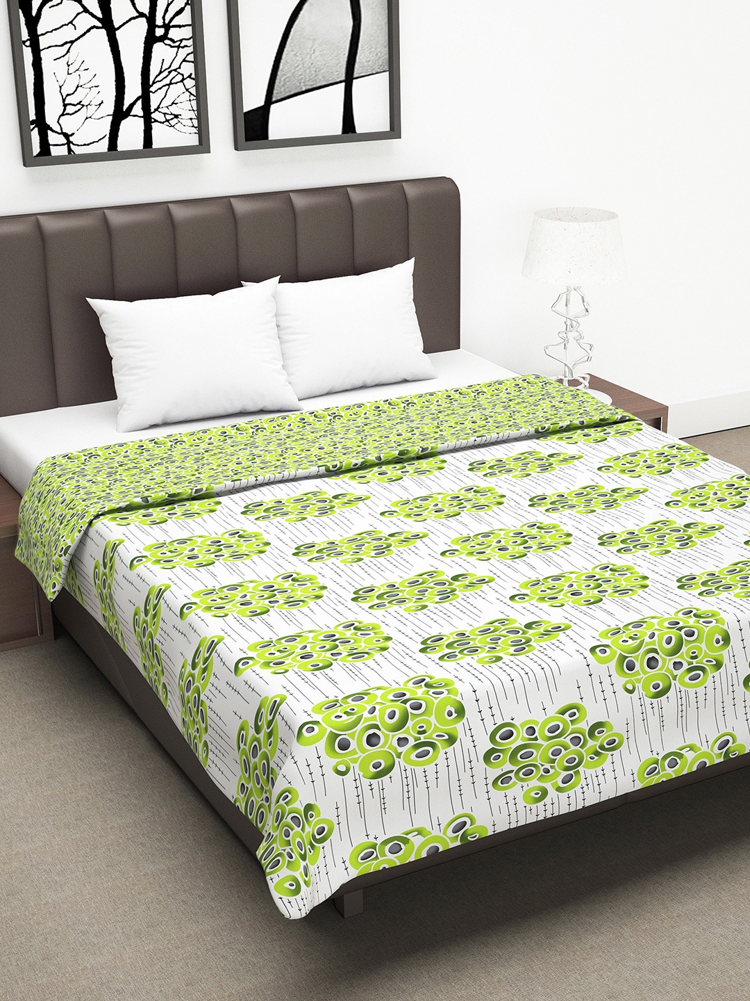 

Divine Casa Green & White Abstract AC Room 110 GSM Double Bed Dohar