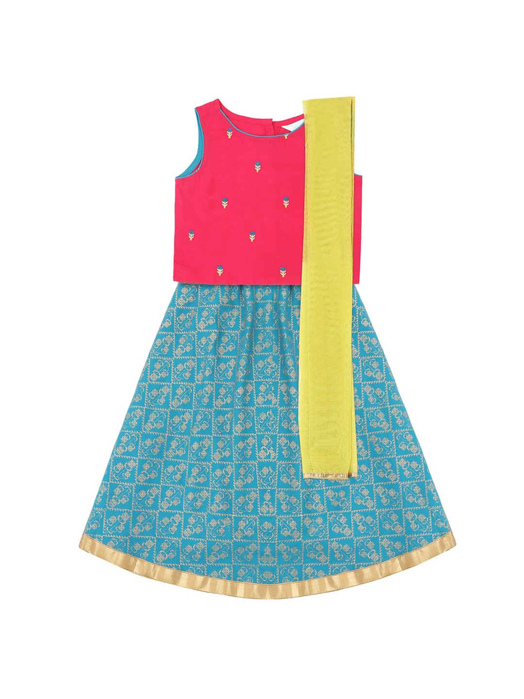 

AKKRITI BY PANTALOONS Girls Fuchsia & Blue Printed Ready to Wear Lehenga & Blouse with Dupatta