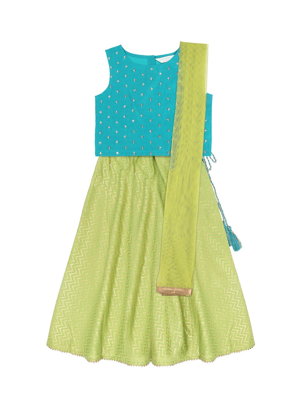 

AKKRITI BY PANTALOONS Girls Turquoise Blue & Green Embroidered Ready to Wear Lehenga & Blouse with Dupatta