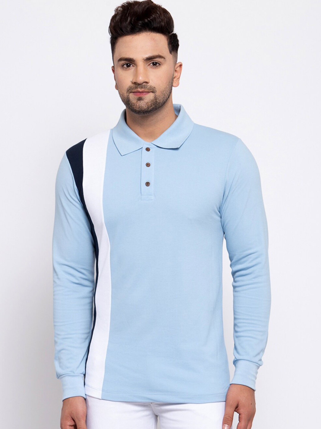 

Kalt Men Blue & White Colourblocked Polo Collar T-shirt