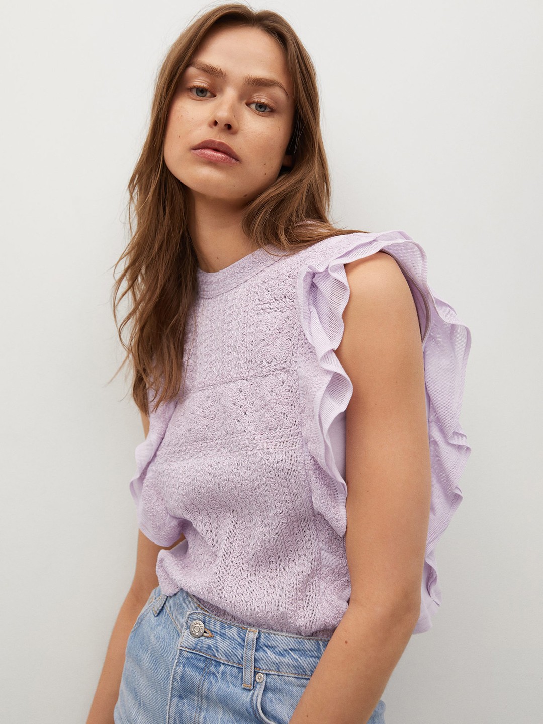 

MANGO Lavender Sustainable Cotton Embroidered Ruffled =Top