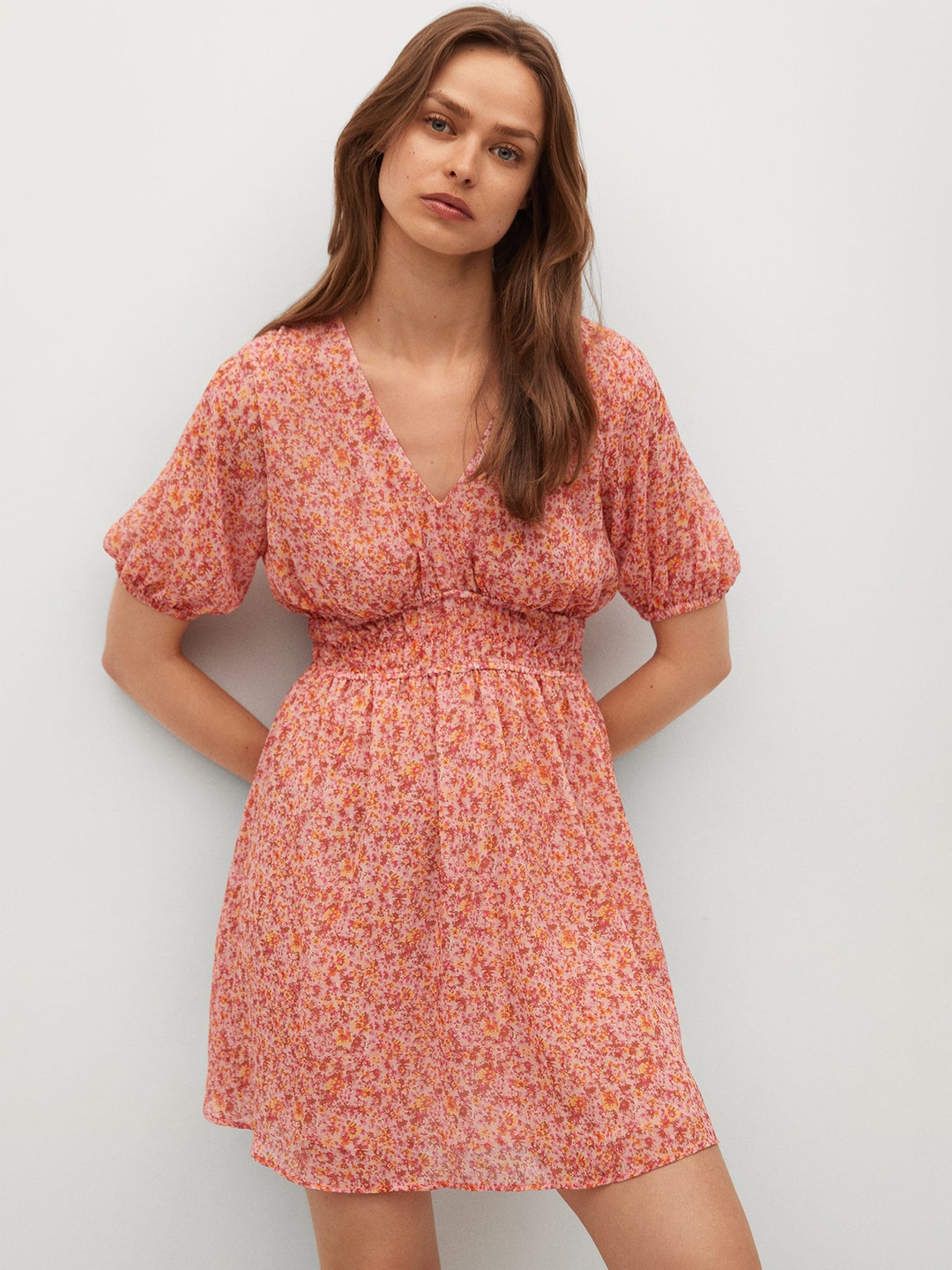 

MANGO Women Pink & Red Floral Printed Empire Dress