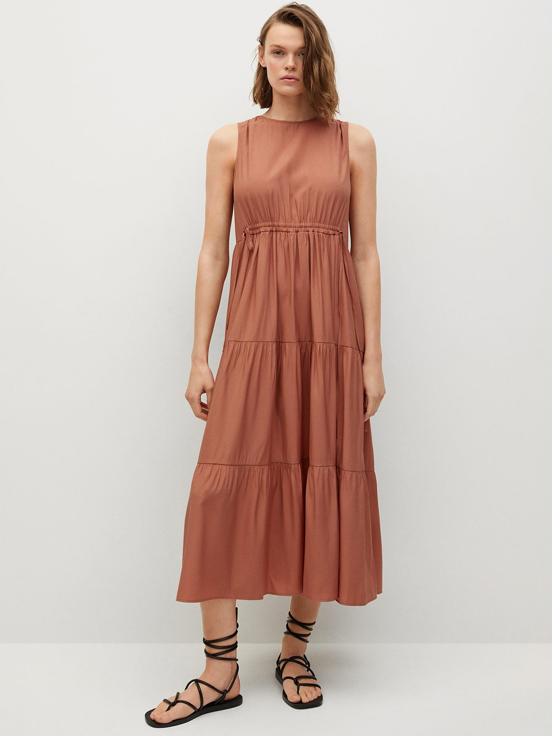 

MANGO Mauve Solid Sustainable Gathered Tiered Maxi Dress