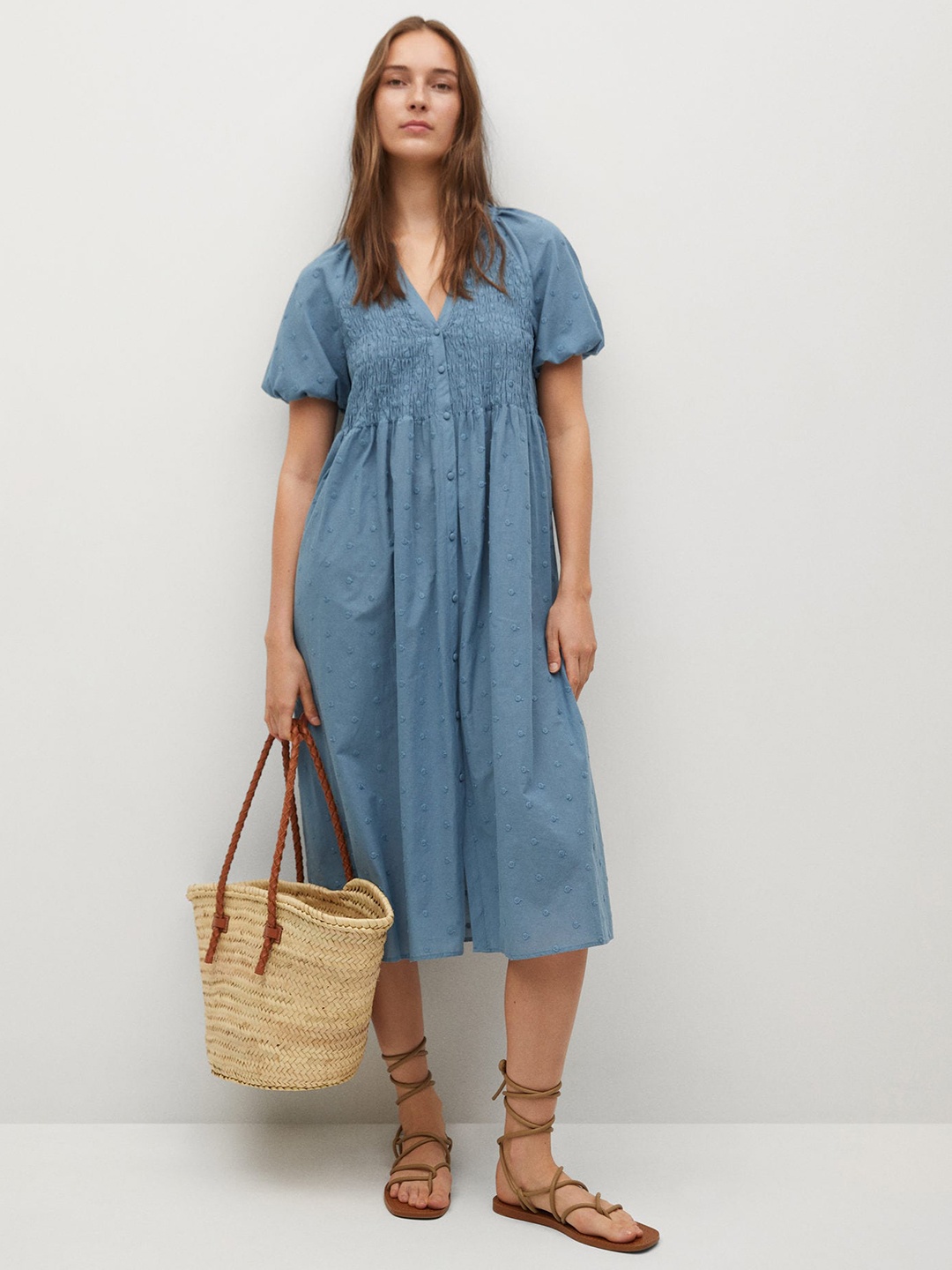 

MANGO Women Blue Solid A-Line Midi Dress With Smocked Detailing