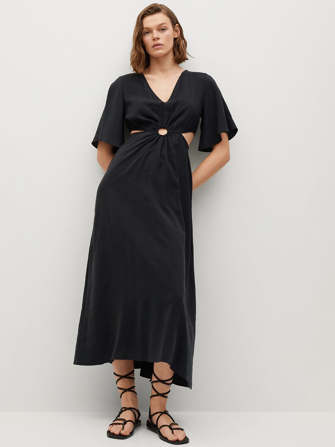 

MANGO Women Black Solid A-Line Midi Sustainable Dress With Cut Out Detail