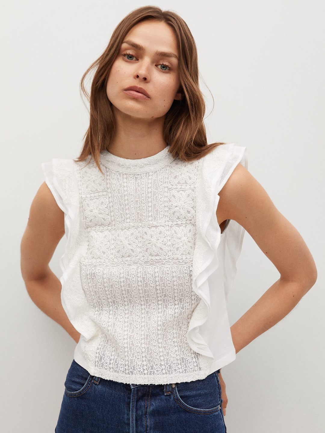 

MANGO Off White Solid Embroidered Pure Cotton Sustainable Ruffles Regular Top