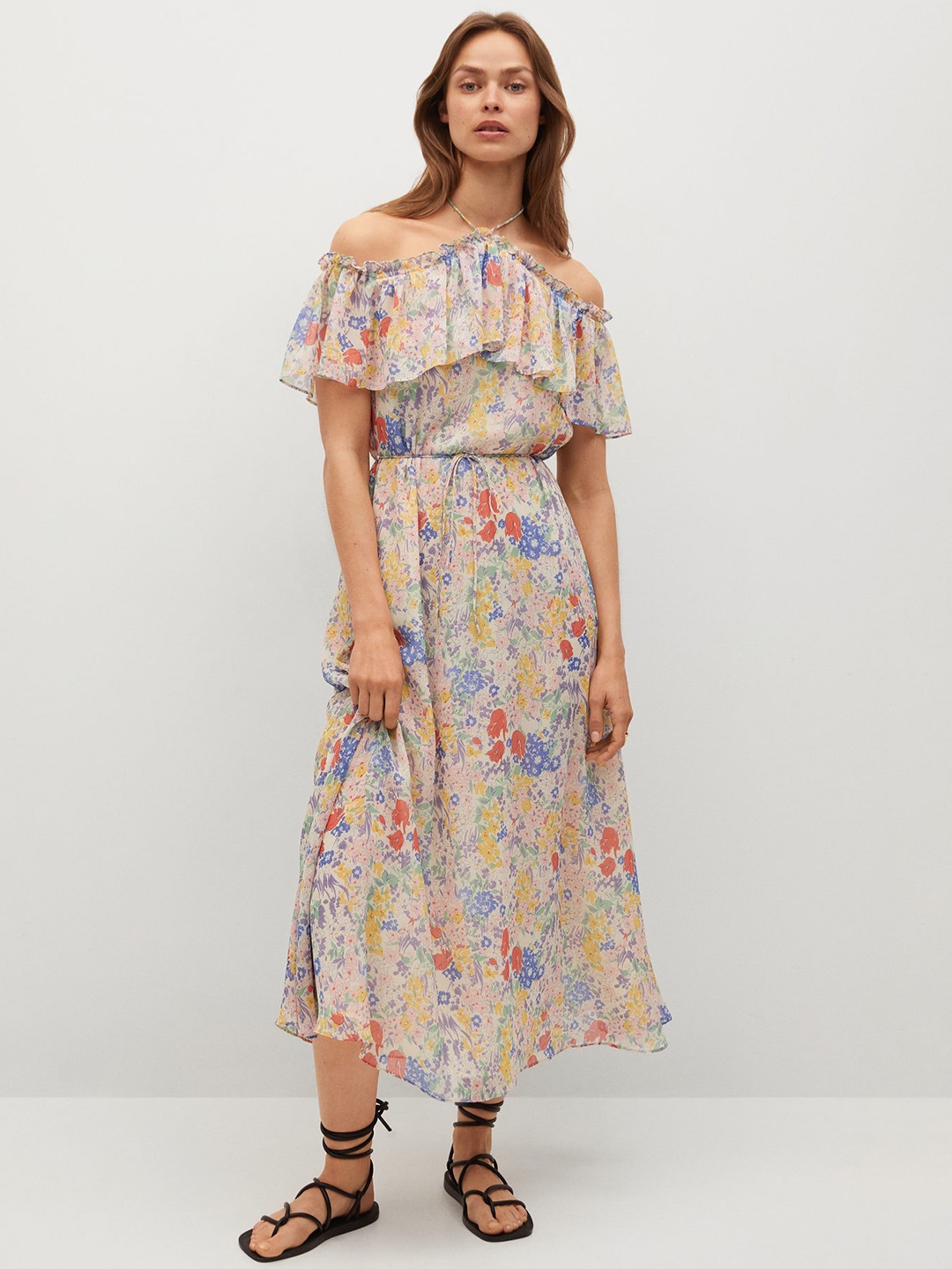 

MANGO Women Cream-Coloured & Blue Floral Halter Neck A-Line Midi Sustainable Dress