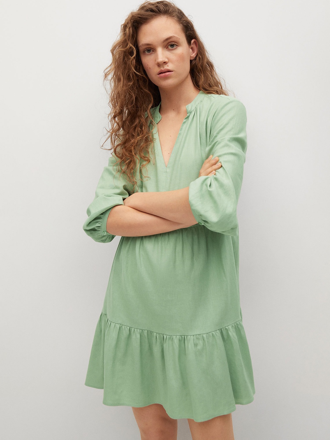 

MANGO Women Pastel Green Solid Linen Blend A-Line Sustainable Dress