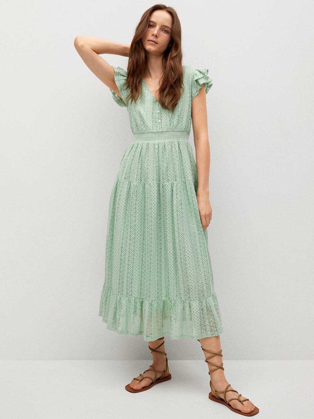 

MANGO Women Green Solid Lace Embroidered A-Line Midi Dress